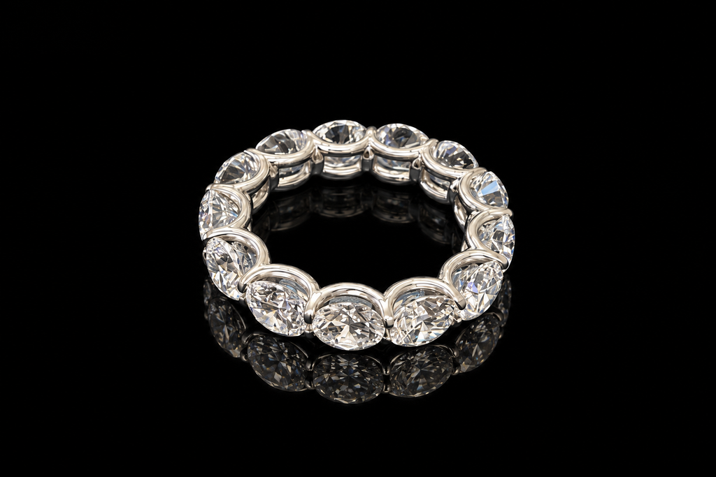 Unique setting shared prongs wedding band (band1001)