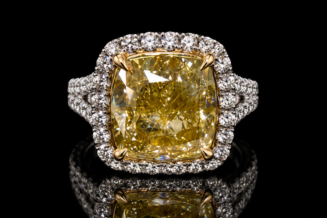 Cushion-Cut Yellow Stone & Diamond Halo Ring (eng-m076)