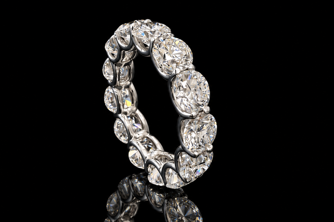 Unique setting shared prongs wedding band (band1001)