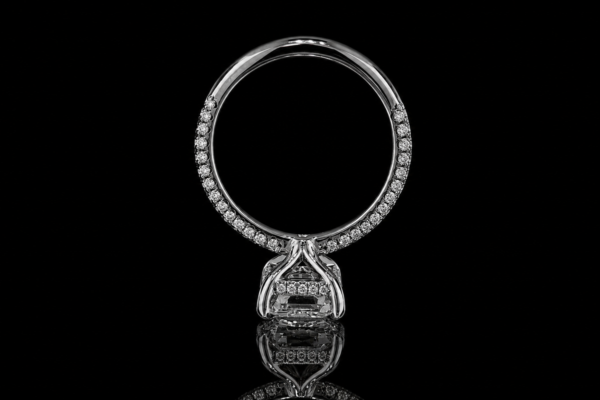 Emerald Cut Diamond Solitaire Ring with Pavé Band (eng471)