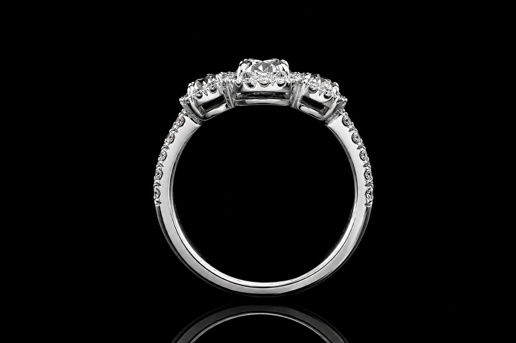 Three Stone Oval Diamond Halo Engagement Ring (eng752)