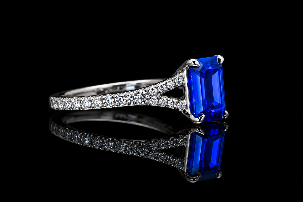 Emerald Cut Blue Sapphire Split Shank Engagement Ring (eng651)