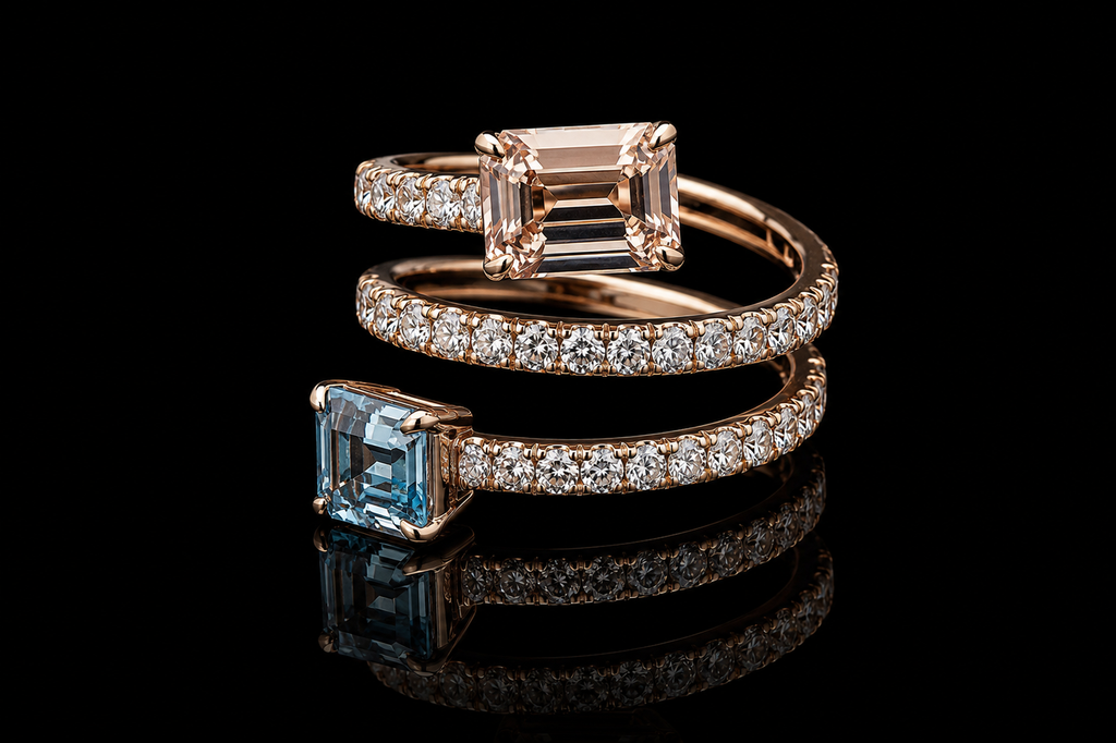 Emerald Cut Morganite & Aquamarine Bypass Wrap Ring Set (band530)