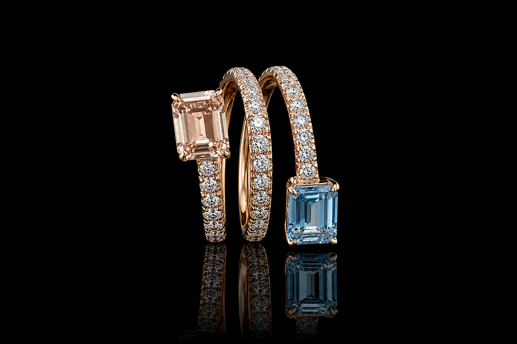 Emerald Cut Morganite & Aquamarine Bypass Wrap Ring Set (band530)