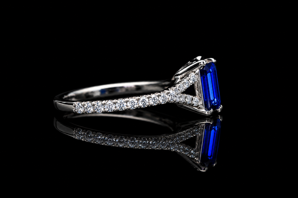 Emerald Cut Blue Sapphire Split Shank Engagement Ring (eng651)