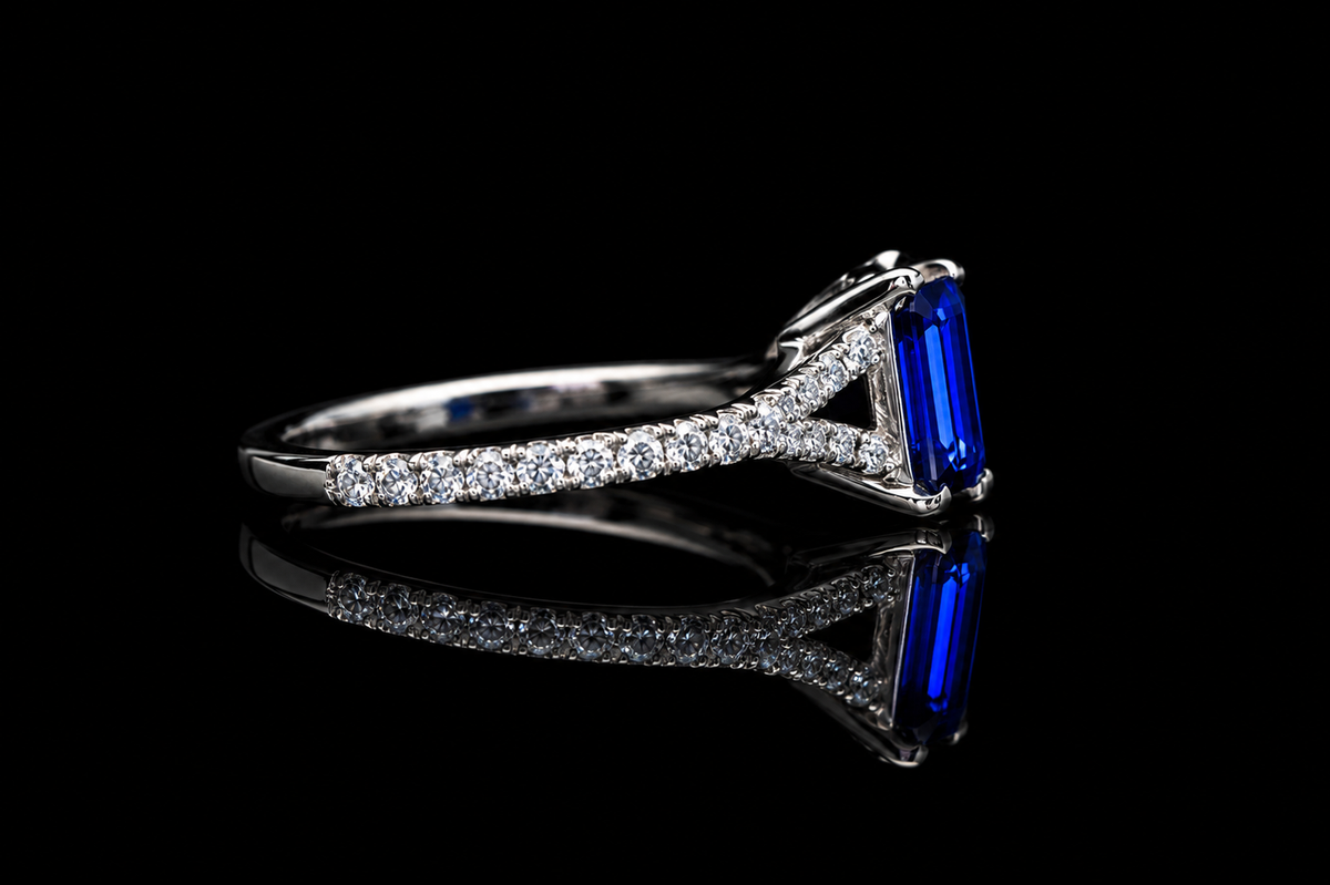 Emerald Cut Blue Sapphire Split Shank Engagement Ring (eng651)
