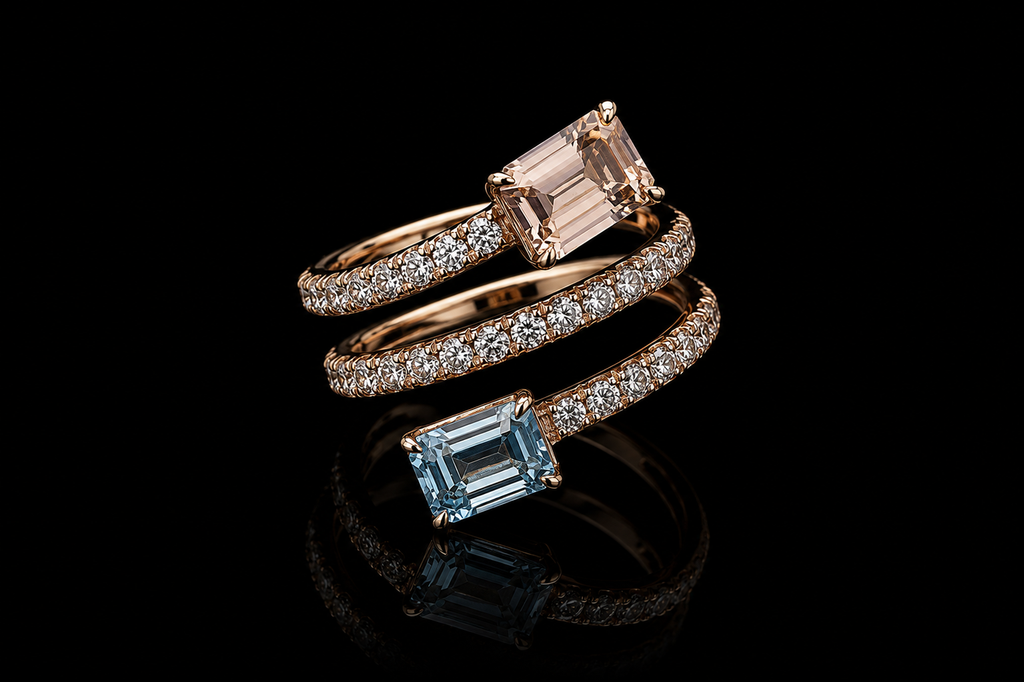 Emerald Cut Morganite & Aquamarine Bypass Wrap Ring Set (band530)