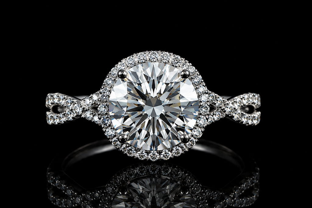 Round Halo Diamond Engagement Ring with Twisted Split Shank (eng674)