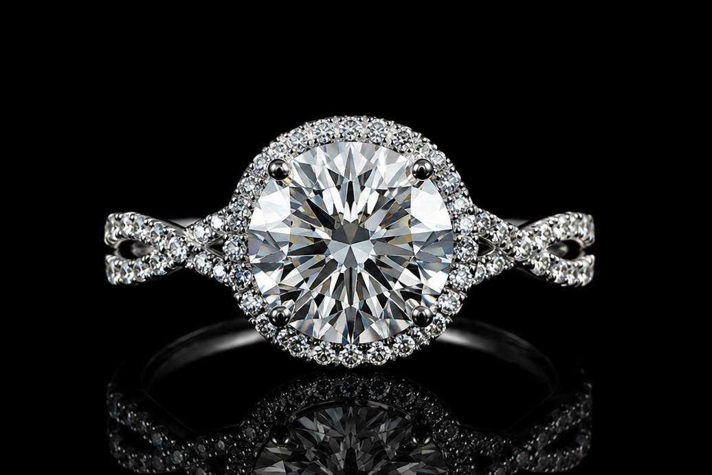 Round Halo Diamond Engagement Ring with Twisted Split Shank (eng674)