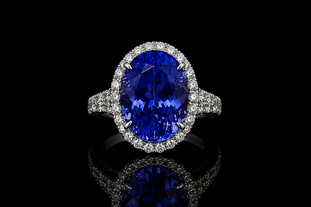 Oval Blue Sapphire Halo Split Shank Ring (eng704)