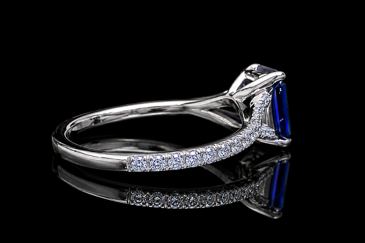 Emerald Cut Blue Sapphire Split Shank Engagement Ring (eng651)