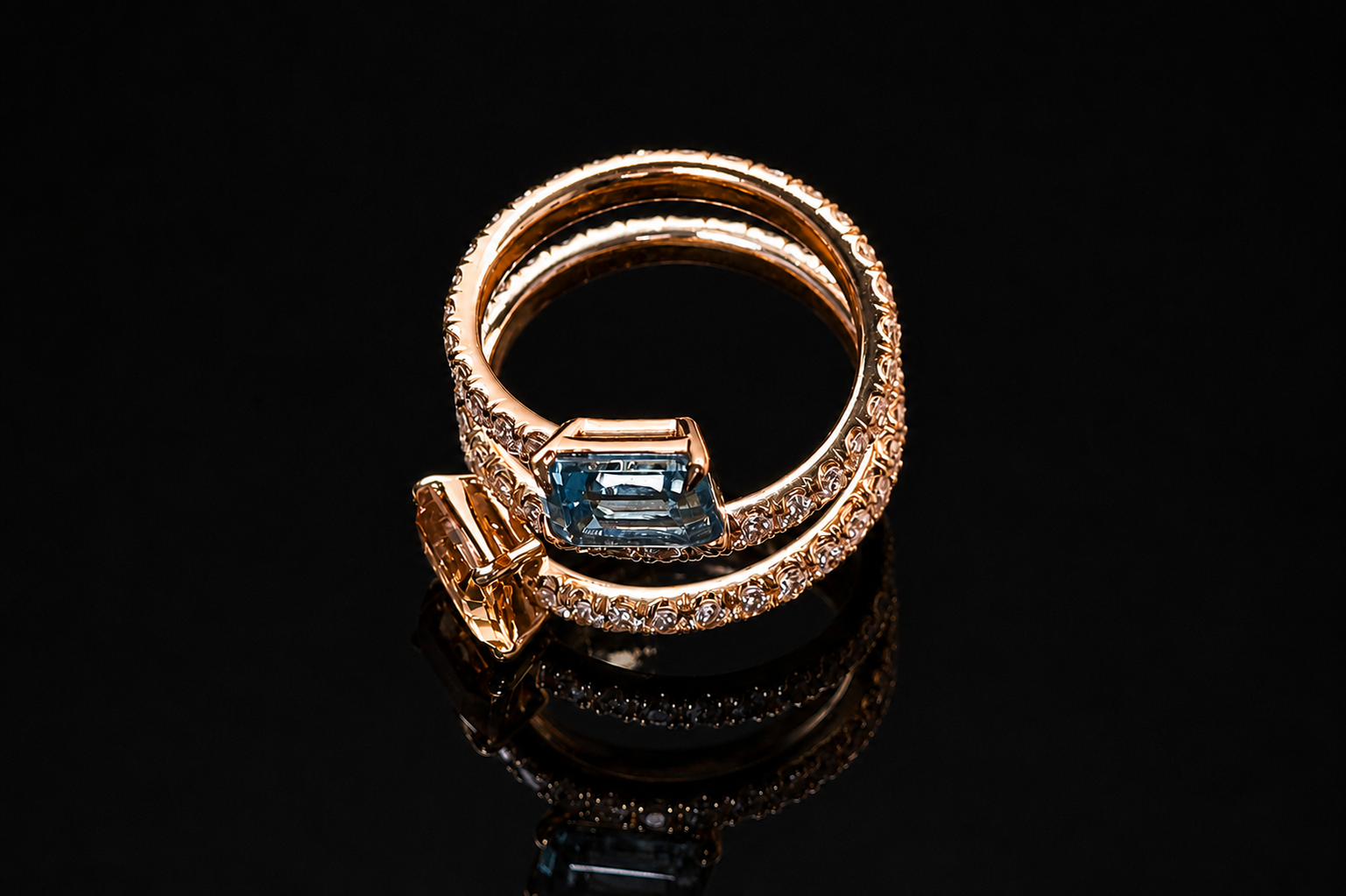 Emerald Cut Morganite & Aquamarine Bypass Wrap Ring Set (band530)