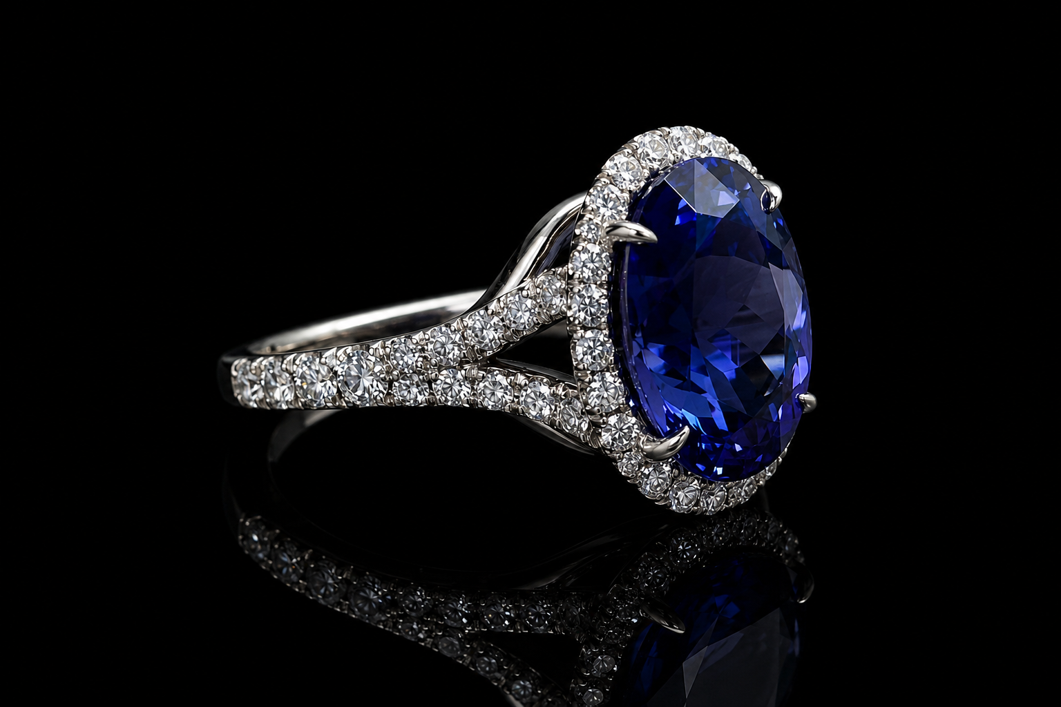 Oval Blue Sapphire Halo Split Shank Ring (eng704)