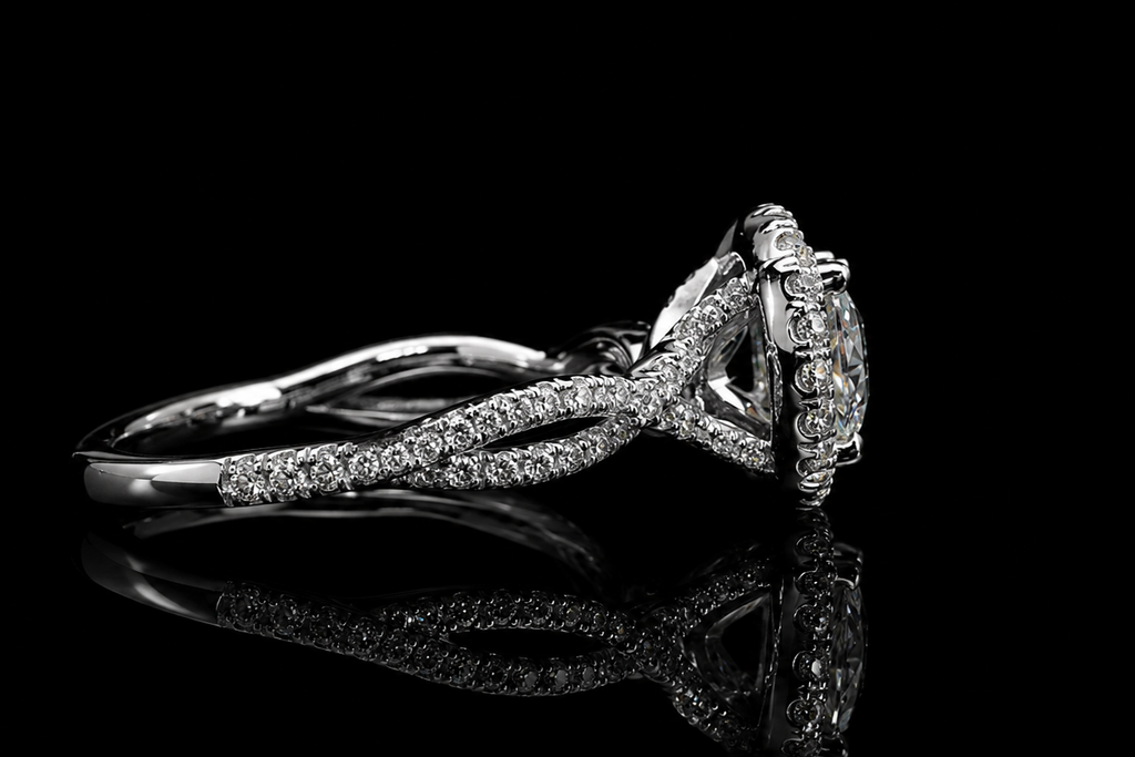 Round Halo Diamond Engagement Ring with Twisted Split Shank (eng674)
