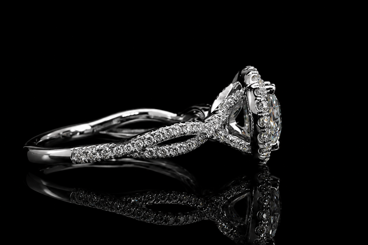Round Halo Diamond Engagement Ring with Twisted Split Shank (eng674)