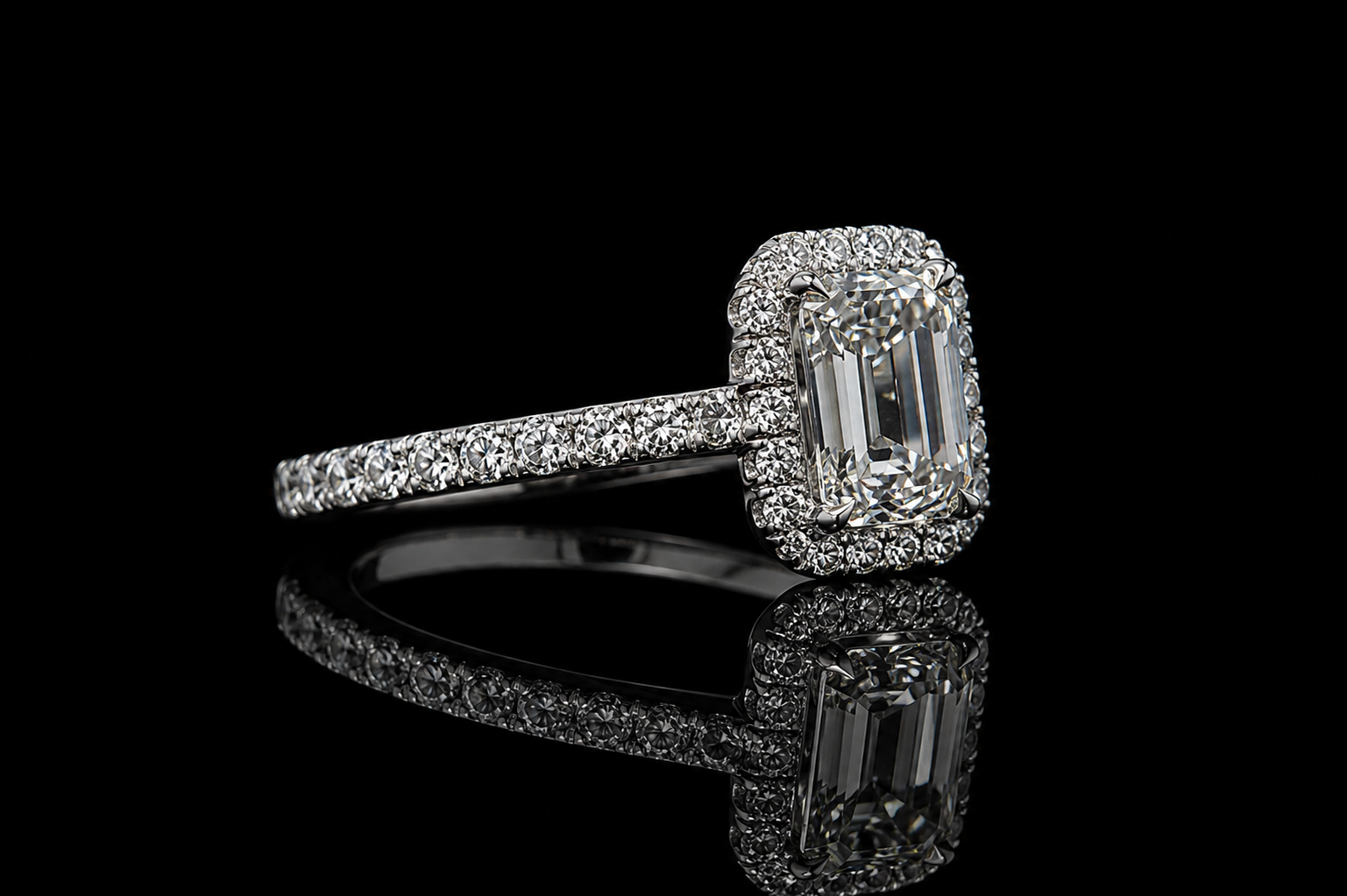 Emerald Cut Diamond Halo Engagement Ring (eng660)