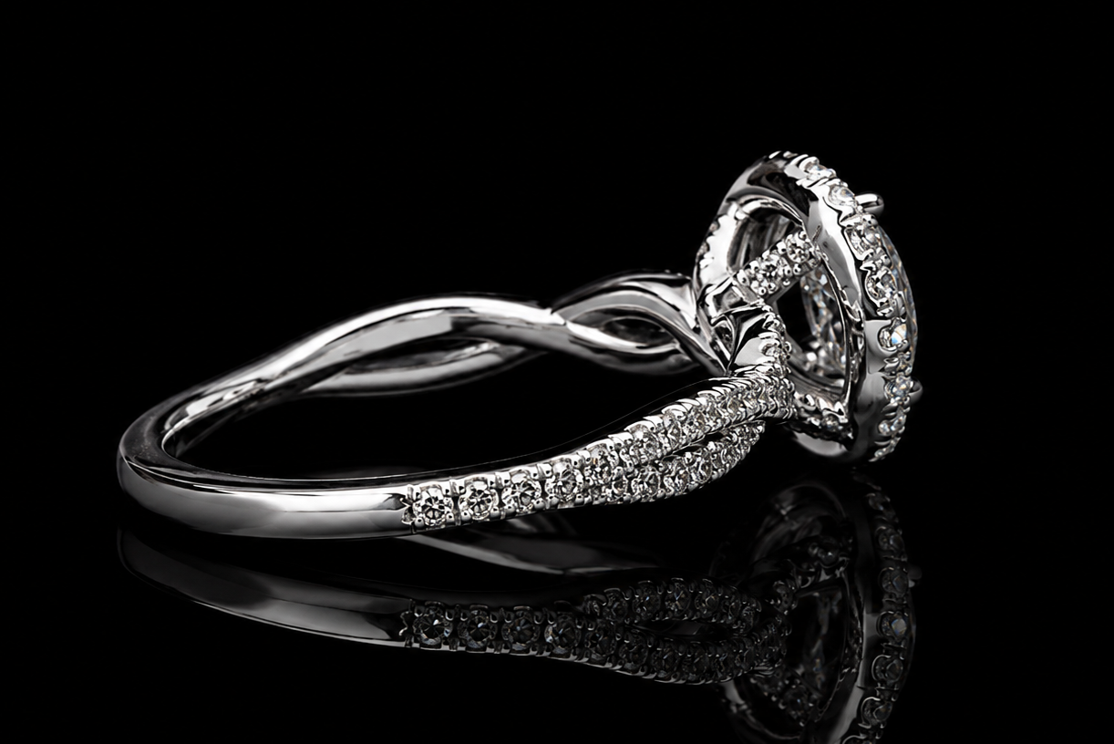 Round Halo Diamond Engagement Ring with Twisted Split Shank (eng674)