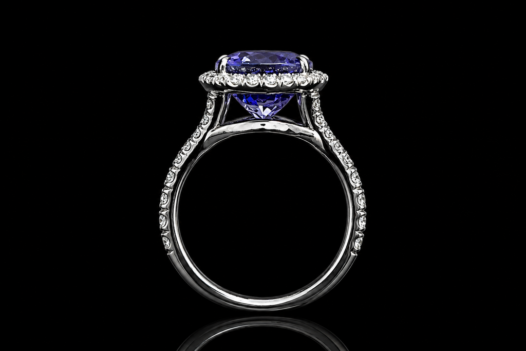 Oval Blue Sapphire Halo Split Shank Ring (eng704)