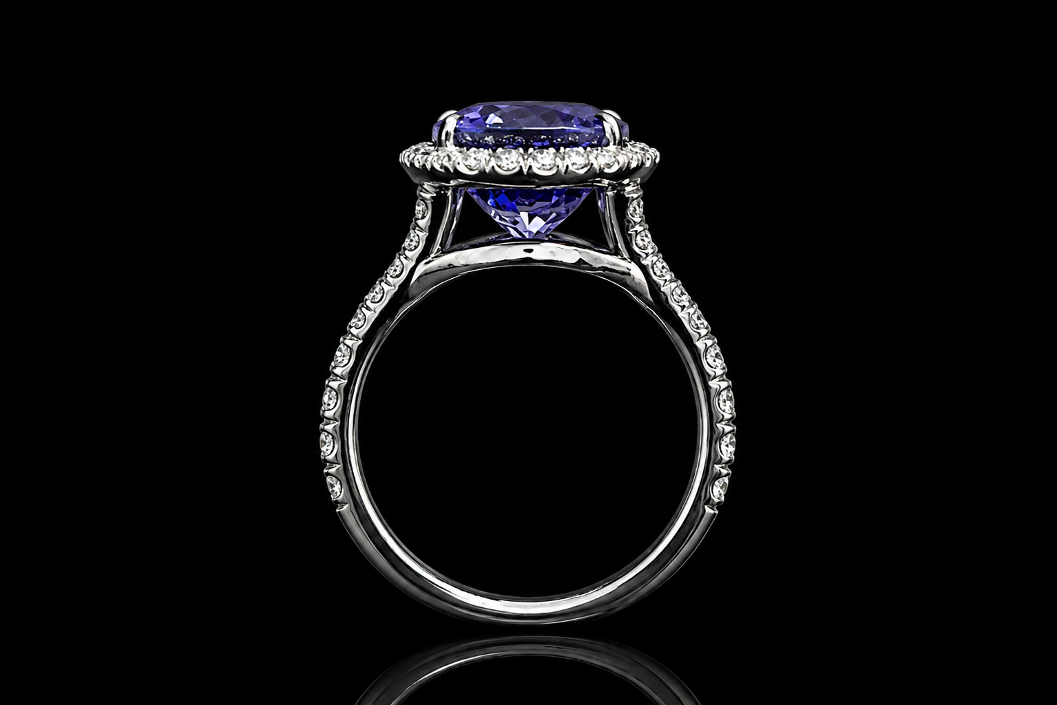 Oval Blue Sapphire Halo Split Shank Ring (eng704)