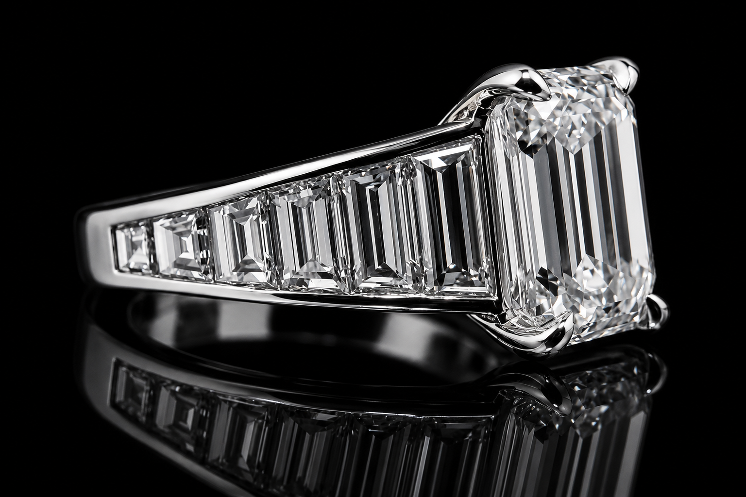 Emerald Cut Diamond Engagement Ring with Tapered Baguette Side Diamonds (eng786)