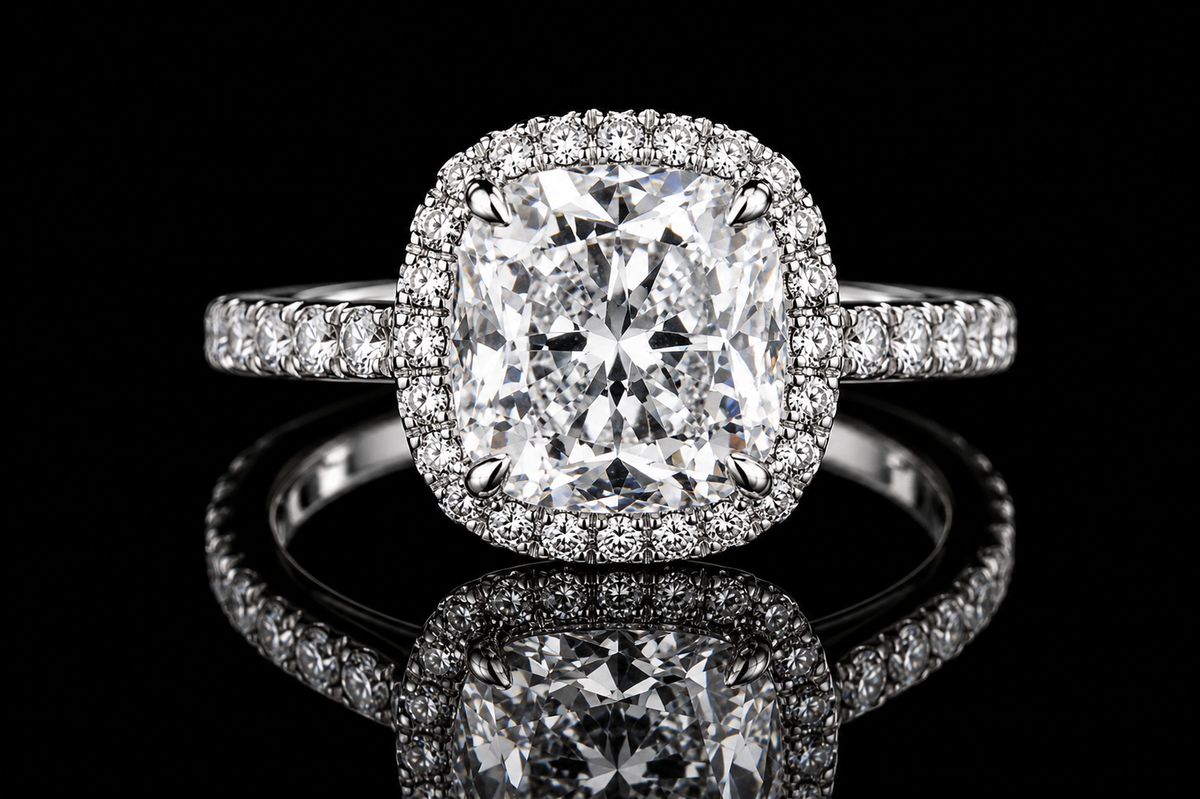 Cushion Cut Diamond Halo Pavé Engagement Ring (eng014)