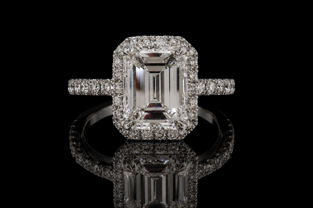 Emerald Cut Diamond Halo Ring with Pavé Band (eng463)