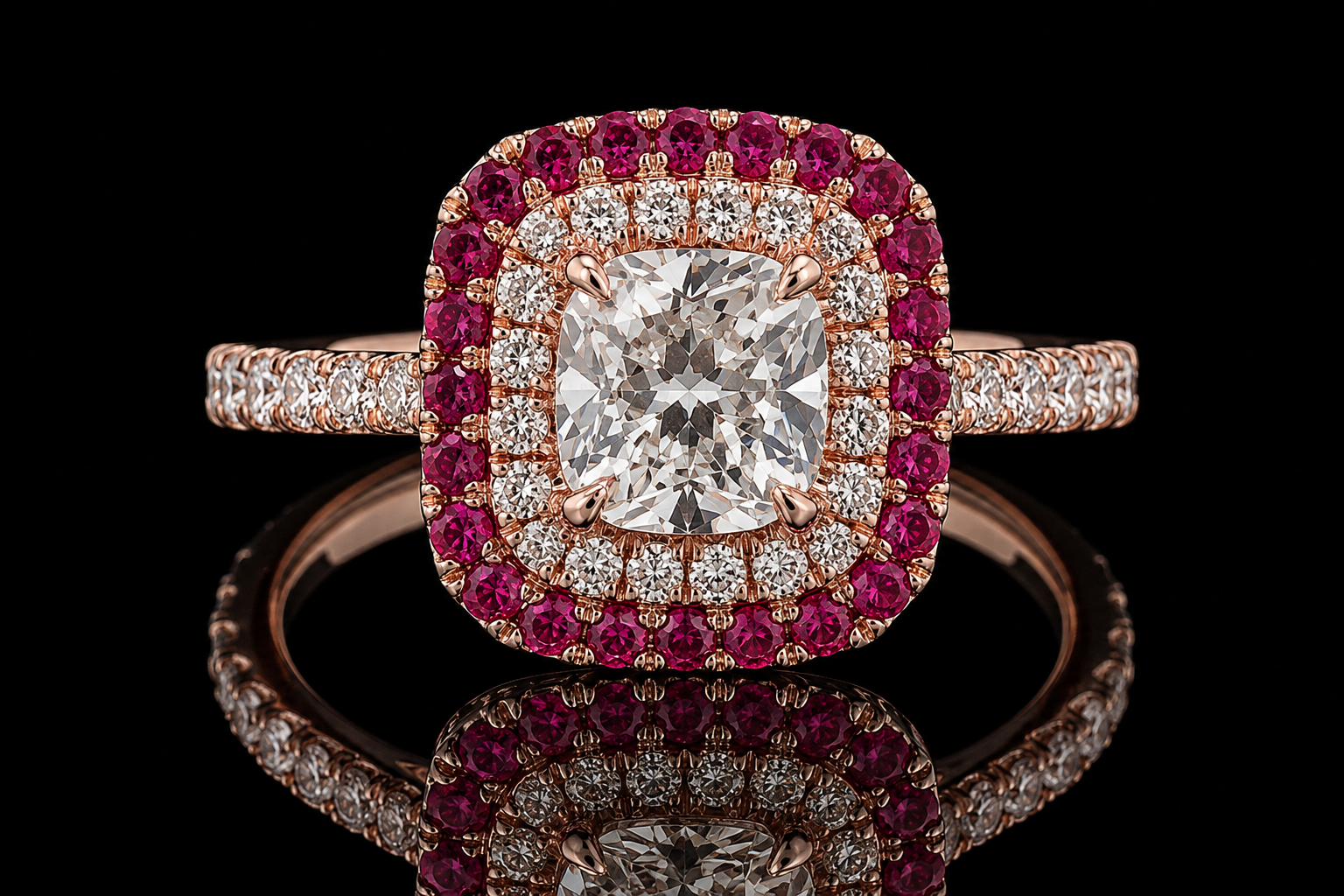 Rose Gold Double Halo Round Cushion Engagement Ring (eng360)