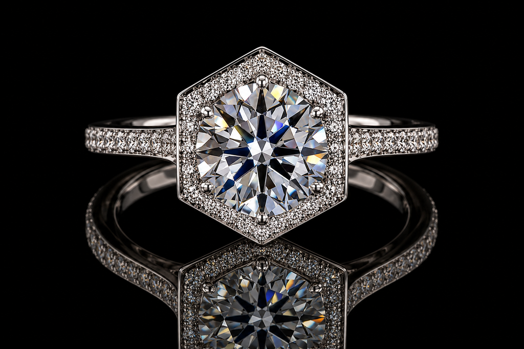 Round Brilliant Diamond Hexagon Halo Engagement Ring (eng039)
