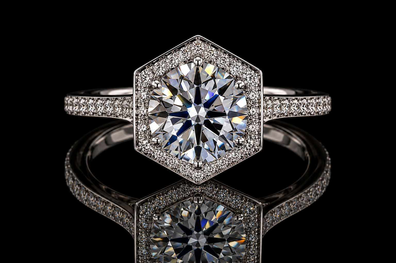 Round Brilliant Diamond Hexagon Halo Engagement Ring (eng039)