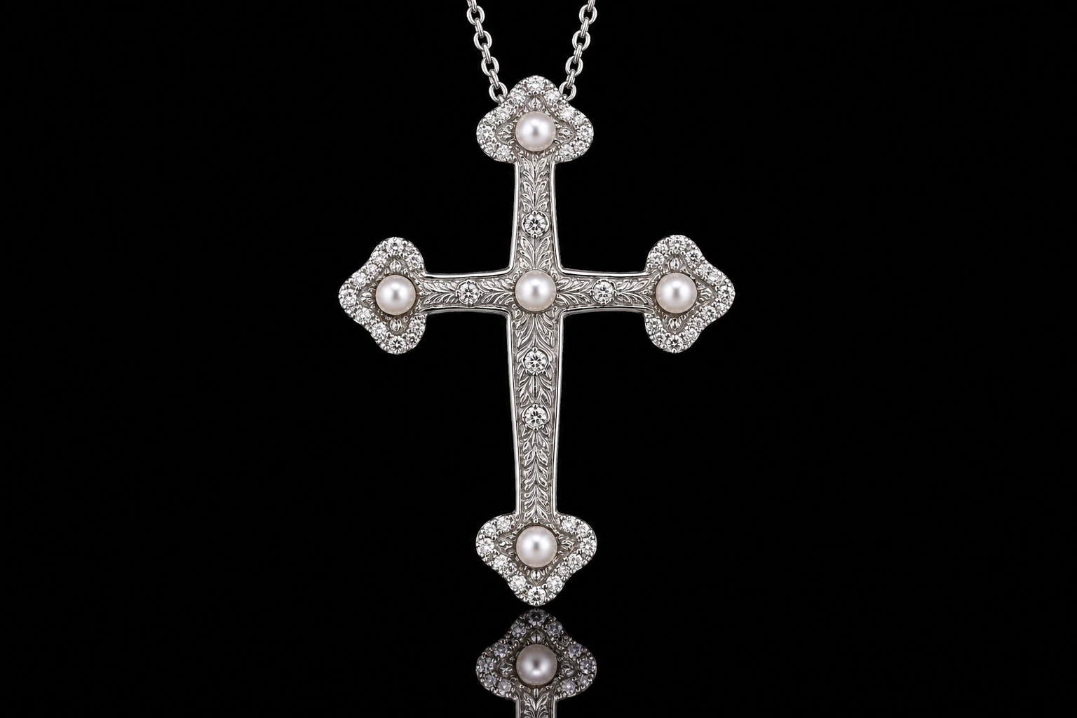 Hand-Engraved Diamond & Pearl Cross Pendant (pend086)