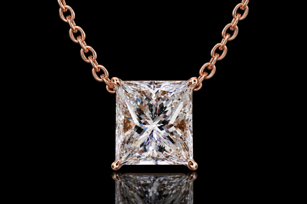 14K Rose Gold Princess-Cut Diamond Necklace (pend081)