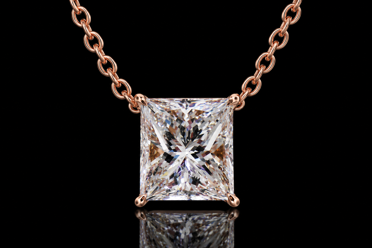 14K Rose Gold Princess-Cut Diamond Necklace (pend081)