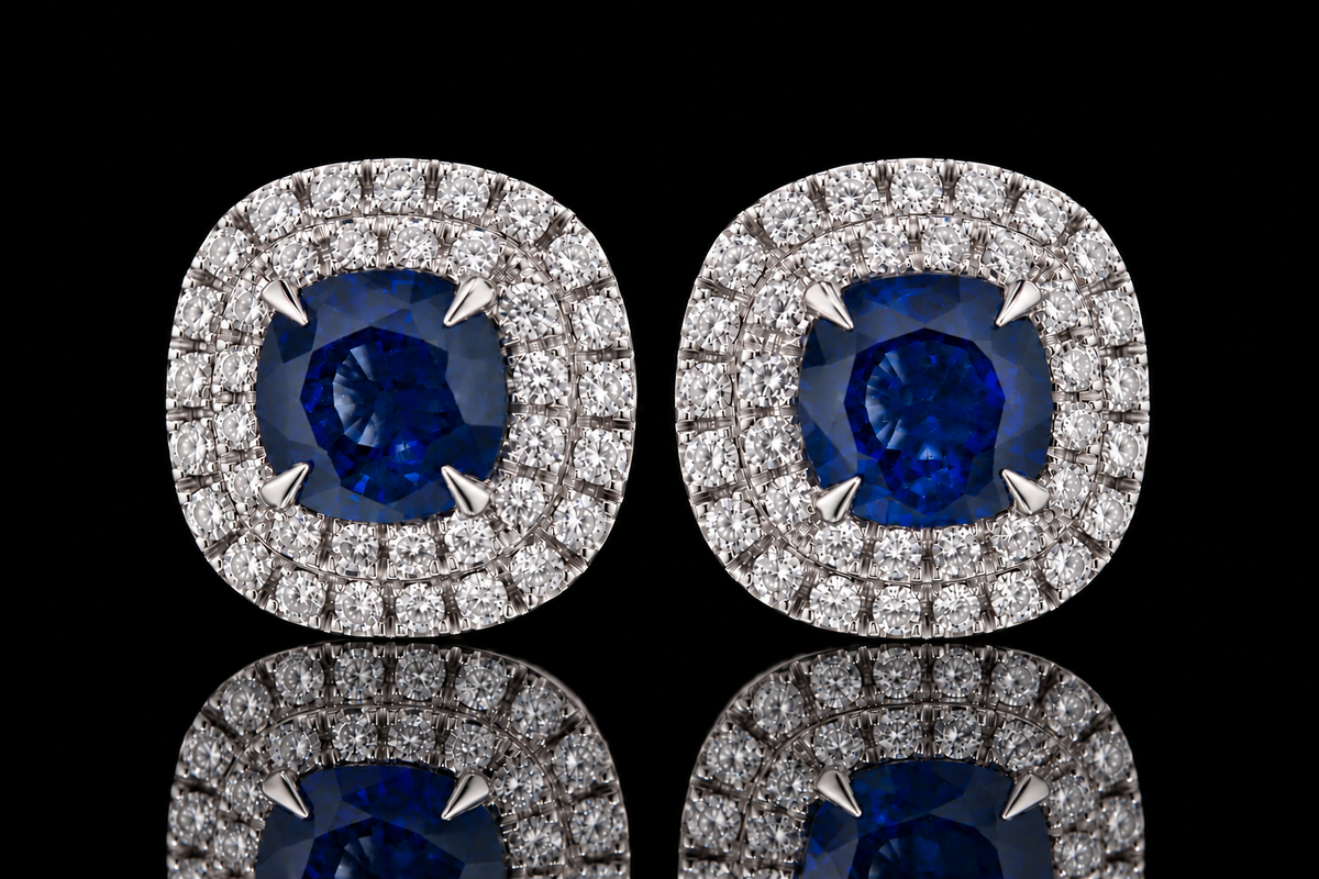 Sapphire Double Halo Micropavé Diamond Stud Earrings (ear017)