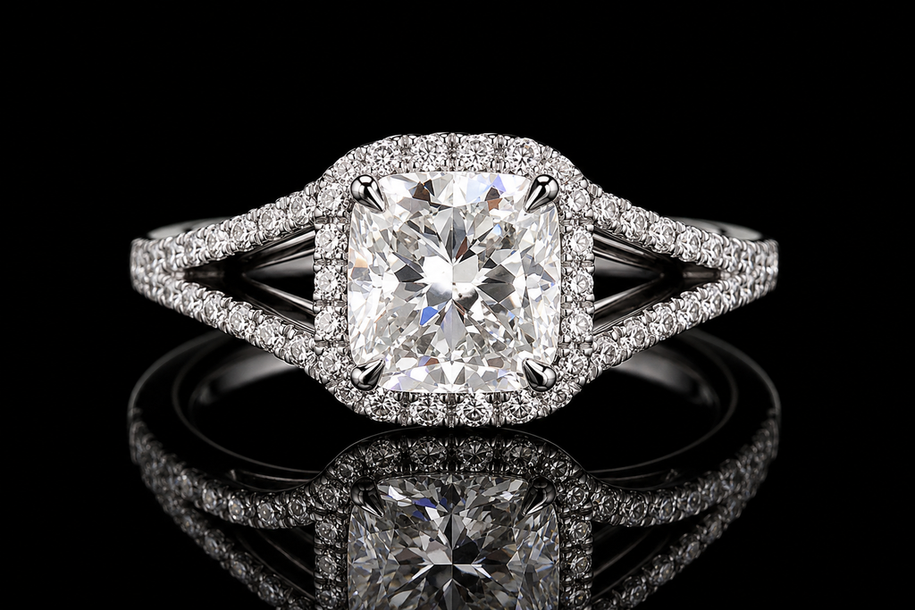 Cushion Cut Diamond Halo Split Shank Engagement Ring (eng034)