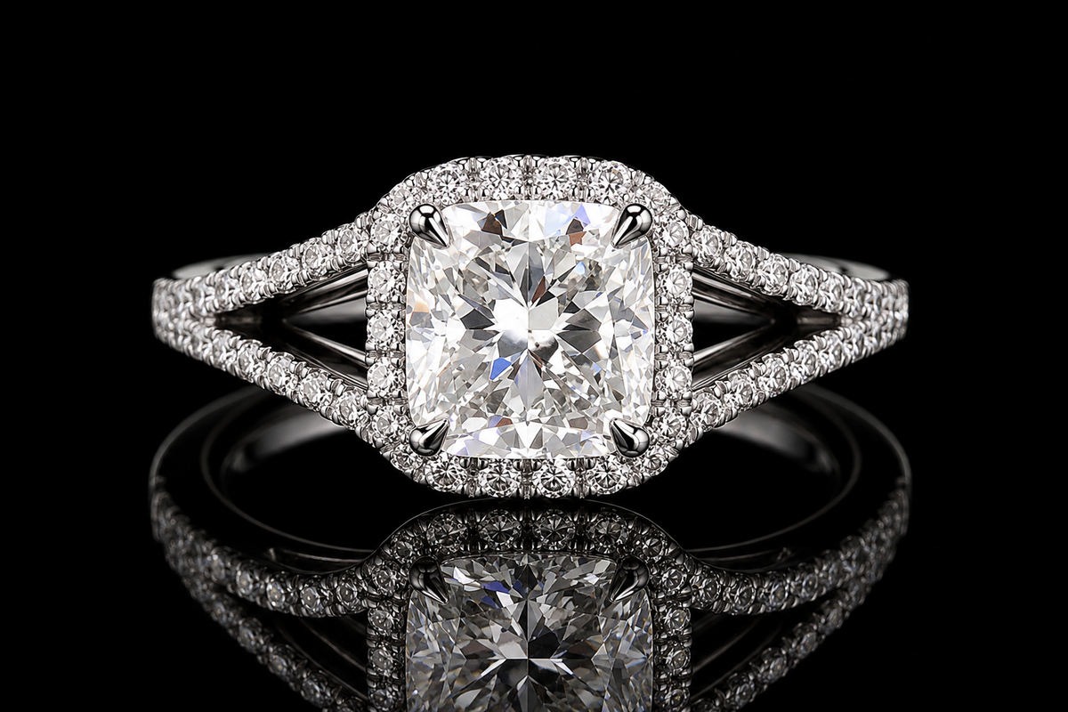 Cushion Cut Diamond Halo Split Shank Engagement Ring (eng034)