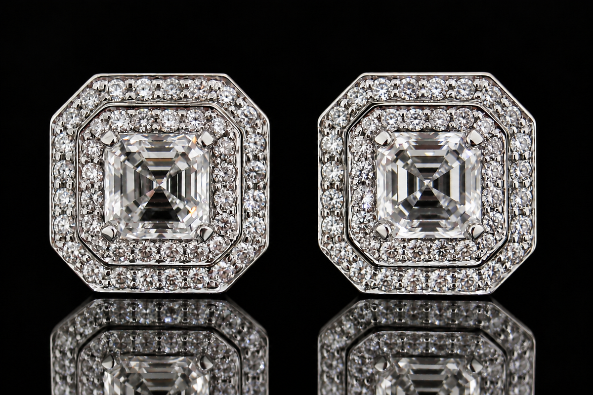 Asscher-Cut Diamond Studs with Removable Halo Jackets (ear025)