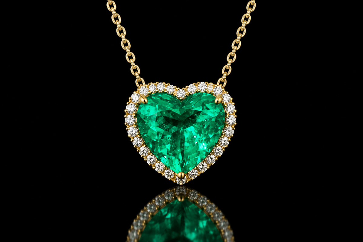 18K Yellow Gold Emerald & Micropavé Diamond Heart Necklace (pend120)