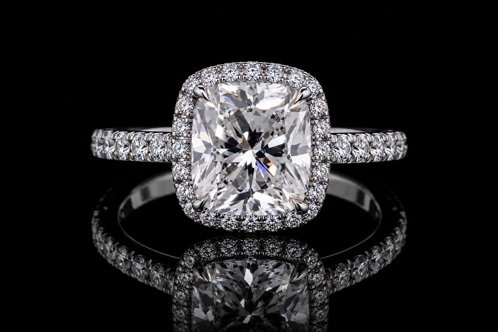 Cushion Cut Diamond Halo Ring with Pavé Band (eng511)