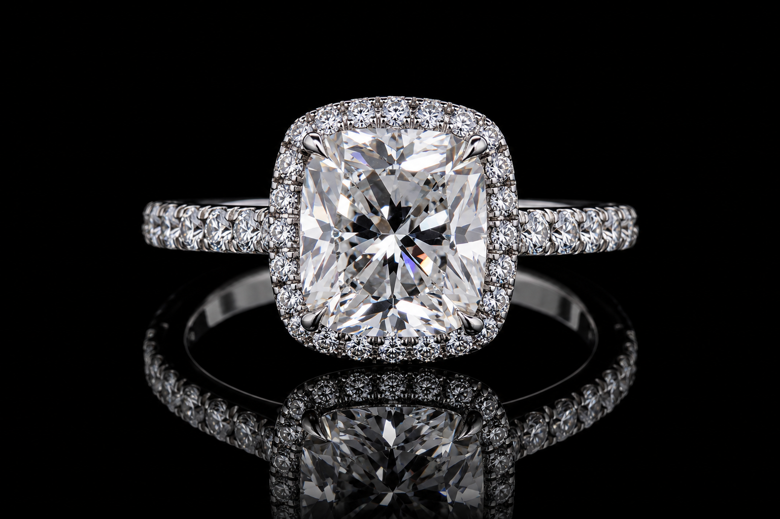 Cushion Cut Diamond Halo Ring with Pavé Band (eng511)