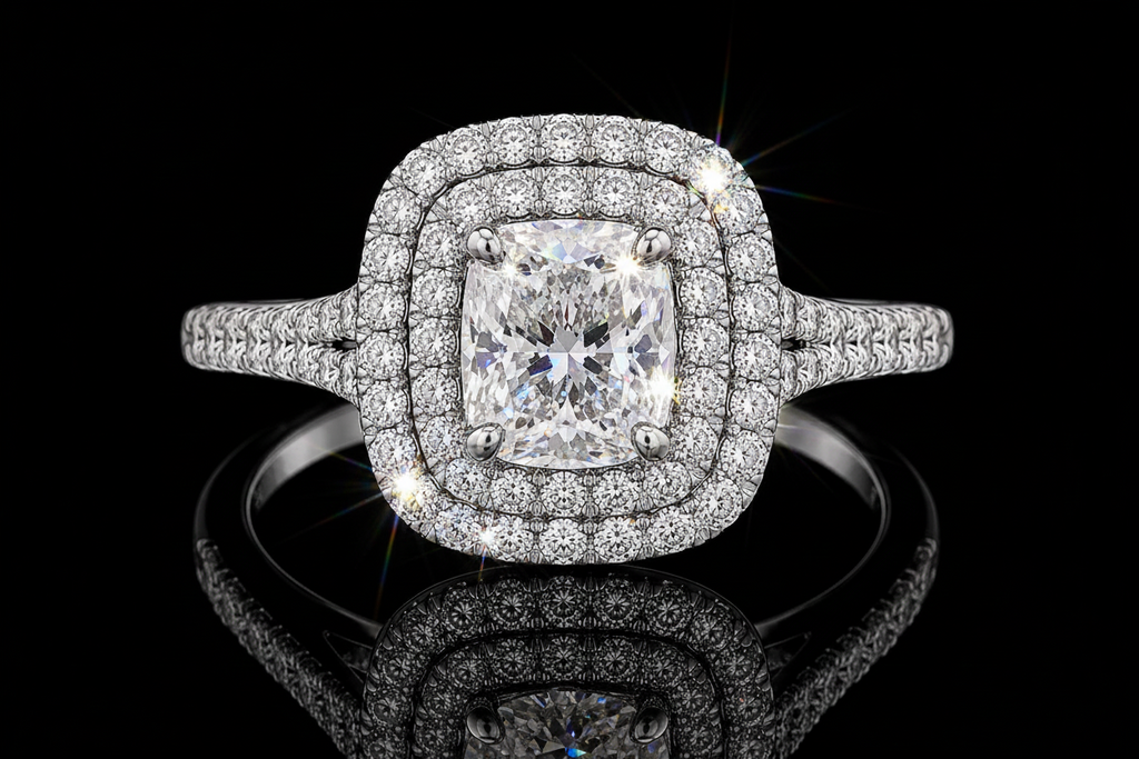 Cushion Cut Diamond Double Halo Split Shank Engagement Ring (eng307)