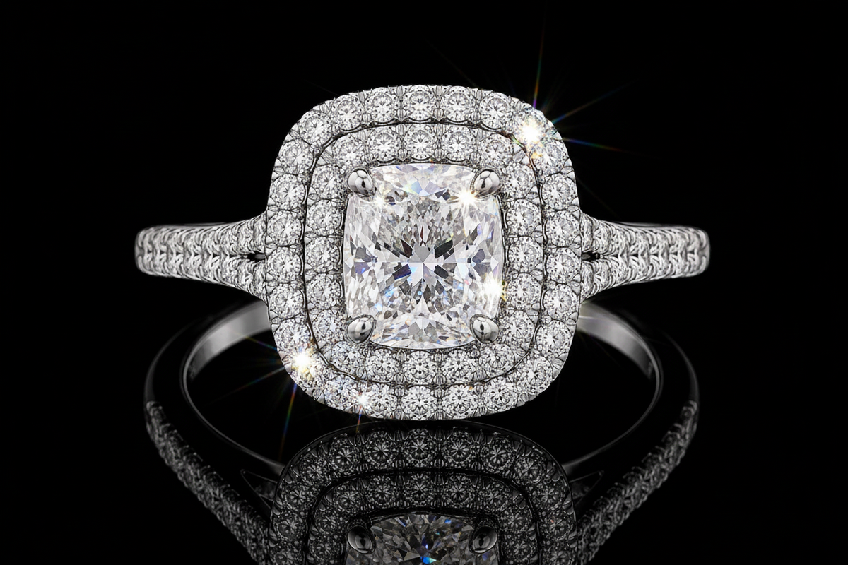 Cushion Cut Diamond Double Halo Split Shank Engagement Ring (eng307)