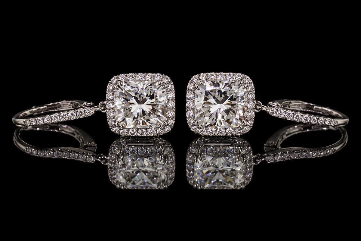 Cushion-Cut Diamond Micropavé Halo Drop Earrings (ear066)