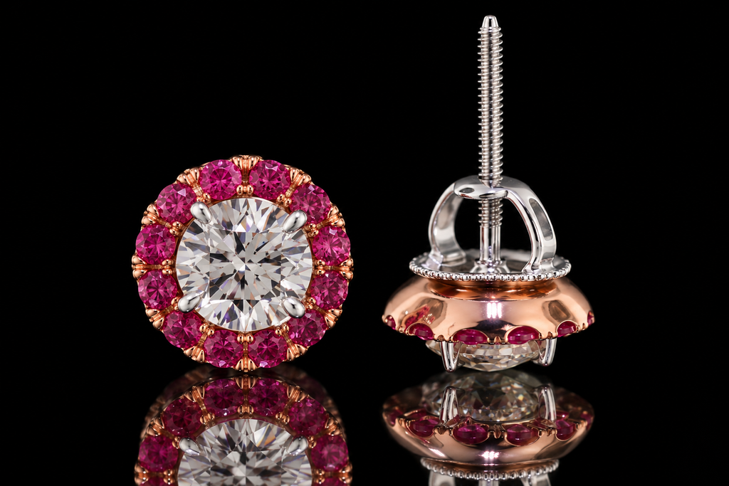 Two-Tone Diamond Studs with Pink Sapphire Halo Jackets (ear006)