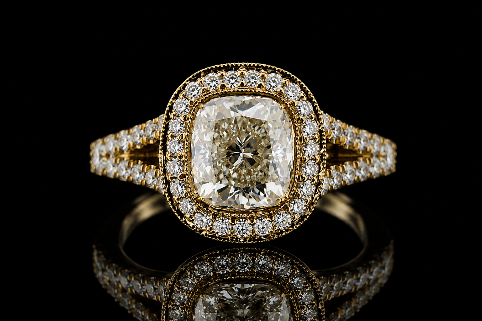 Cushion Cut Diamond Double Halo Split Shank Engagement Ring (eng150)