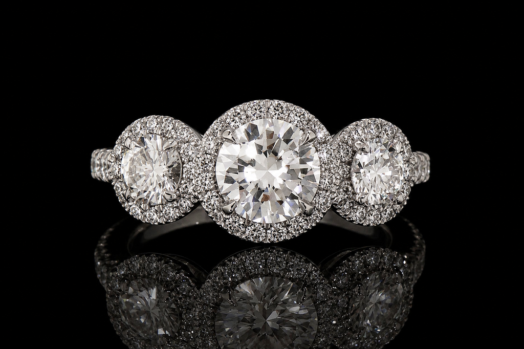 Three-Stone Halo Diamond Engagement Ring (eng406)