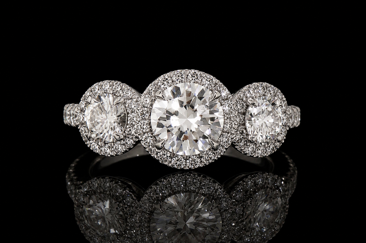 Three-Stone Halo Diamond Engagement Ring (eng406)