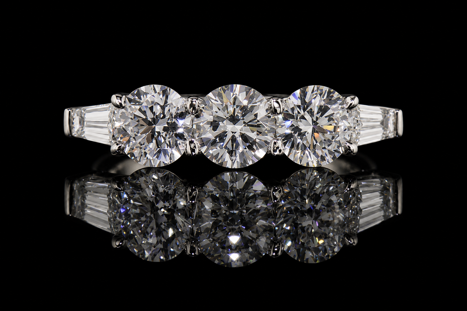 Three-Stone Round Diamond Ring with Tapered Baguettes (band127)