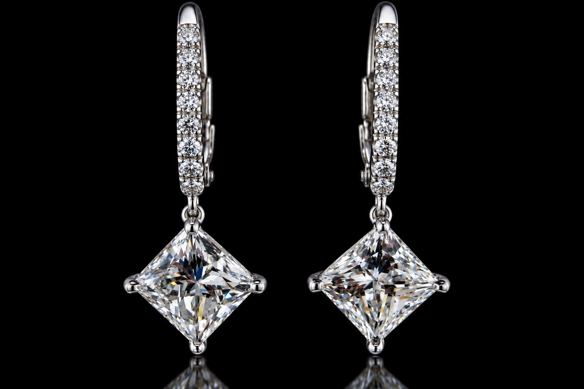 Princess-Cut Diamond Micropavé Drop Earrings (ear022)