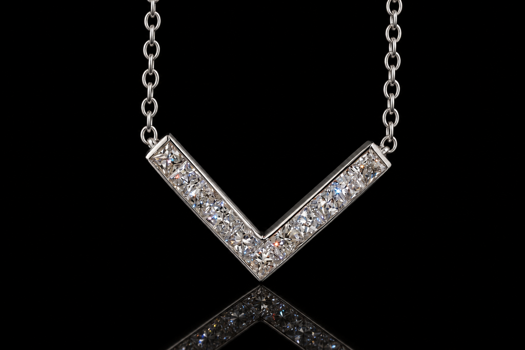 14K White Gold Channel-Set Princess-Cut Diamond V Necklace (pend101)