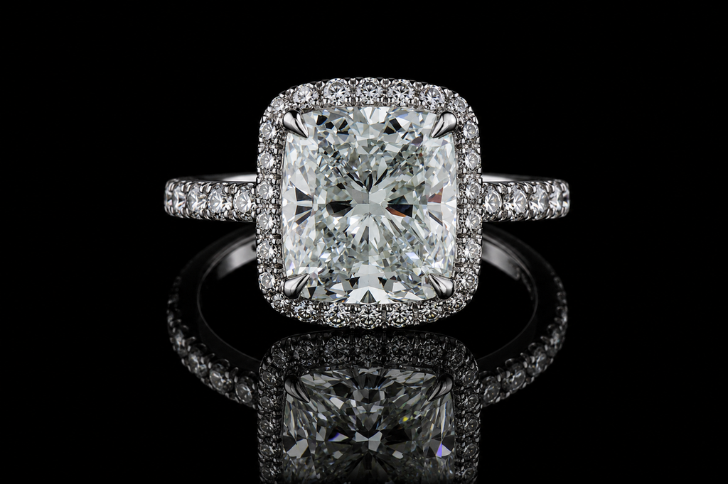 Cushion Cut Diamond Halo Ring with Pavé Band (eng548)